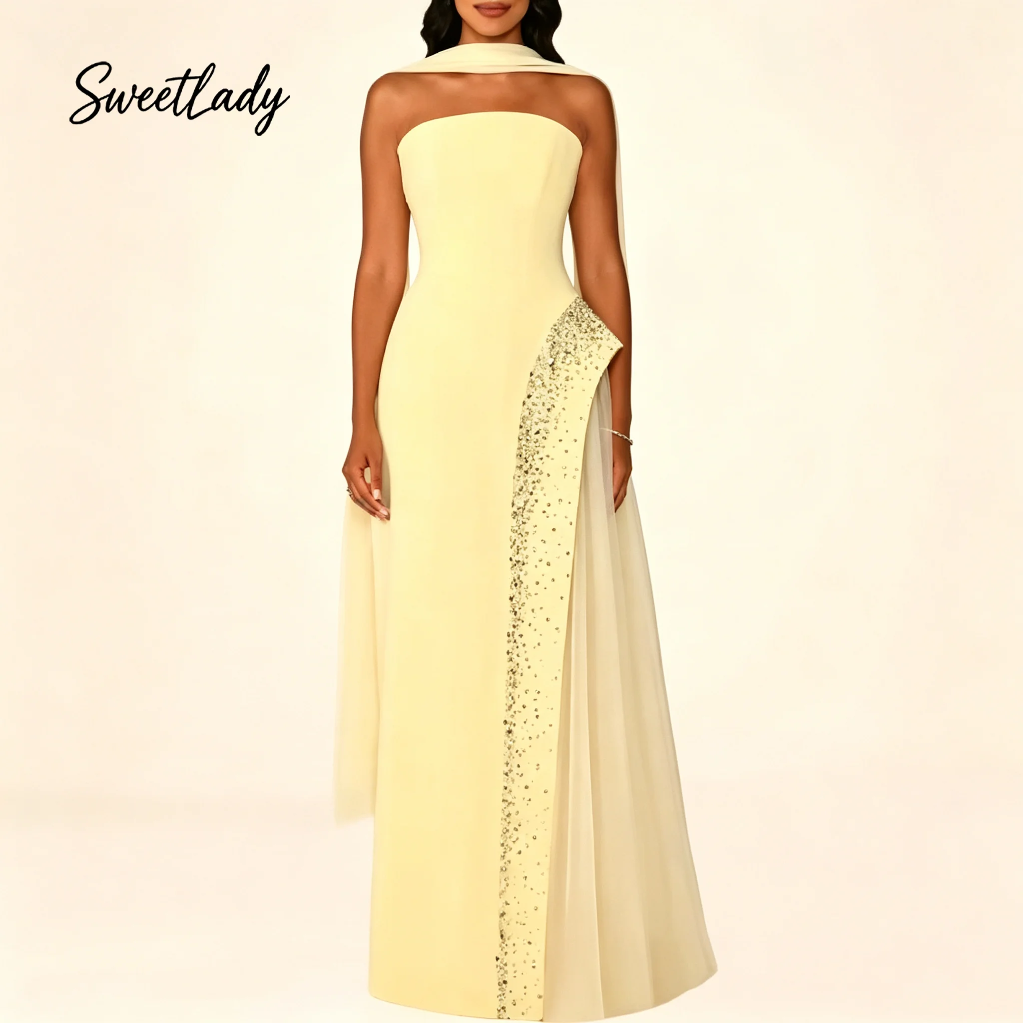 Custom Strapless Sheath Prom Dresses Sequined Side Panel Tulle Overlay Chiffon Scarf Formal Evening Gowns Dubai Party Dresses