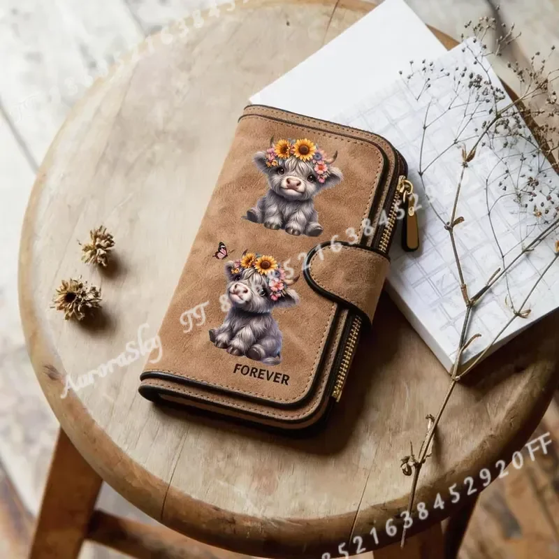 Highland Cow Print Women Long Wallet Zipper Buckle Handbag Coin Purse PU Leather Multi Card Holder Cute Large Capacity Gift