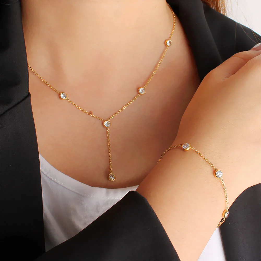 Minimalist Simple Cubic Zirconia Inlaid Chain Jewelry Set Women Couple Chic Stainless Steel Bracelet Necklace Daily Wear