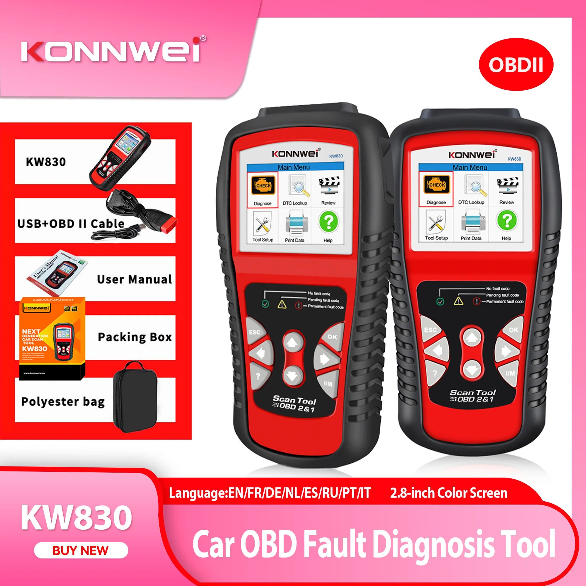 2026 KONNWEI KW830 Car Scanner Tool Auto Code Reader OBD2 OBDII Diagnostic Tool Reading and Clear Vehicle Fault Codes Scan Tool