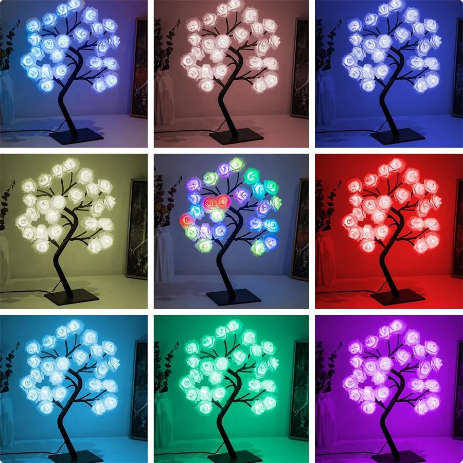 RGB Color Changing Lighted Rose Tree Lamps with Remote Rose Flower Table Lamp 24 LED Lighted for Valentine's Day Wedding Decor