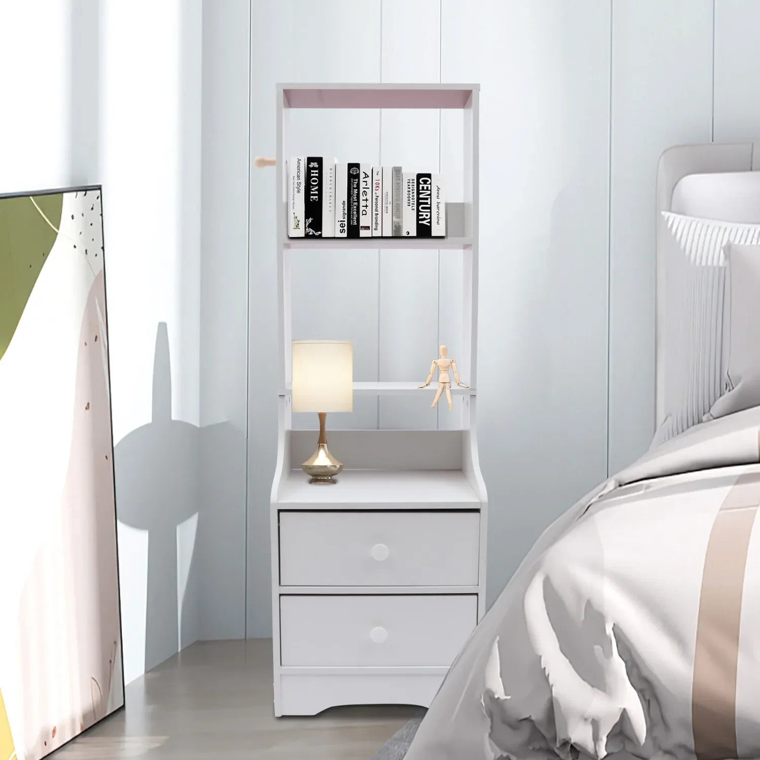 

Modern Scandinavian Nightstand with Drawer&Peg,Tall Bed End Table with Storage Shelf,Bedside Table for Bedroom Living Room,White