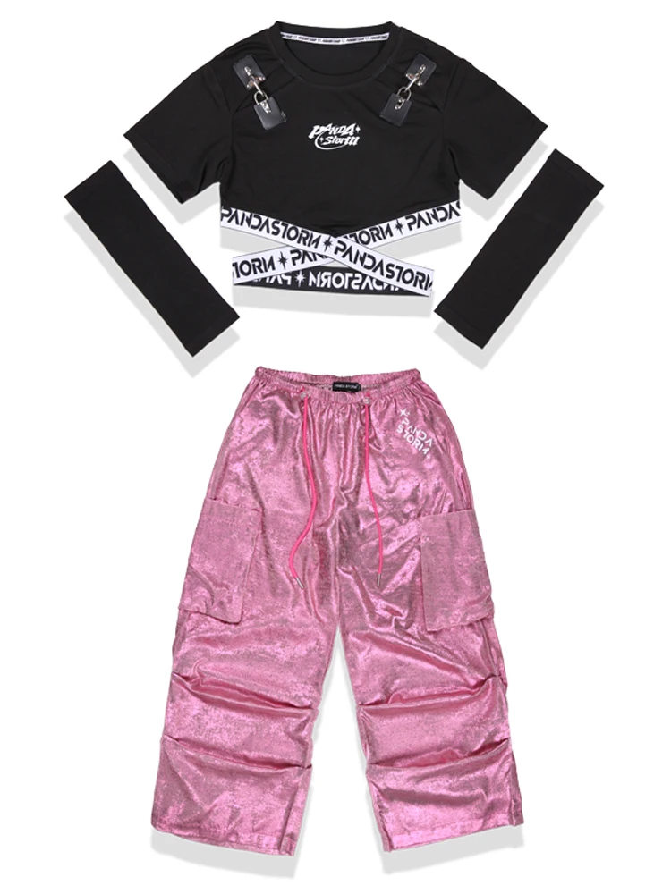 Kpop Jazz Tanz Kostüm Mädchen Kleidung schwarz Crop Tops Mode Hosen Hip-Hop Performance Kleidung Kinder modernes Tanz Outfit bl12018