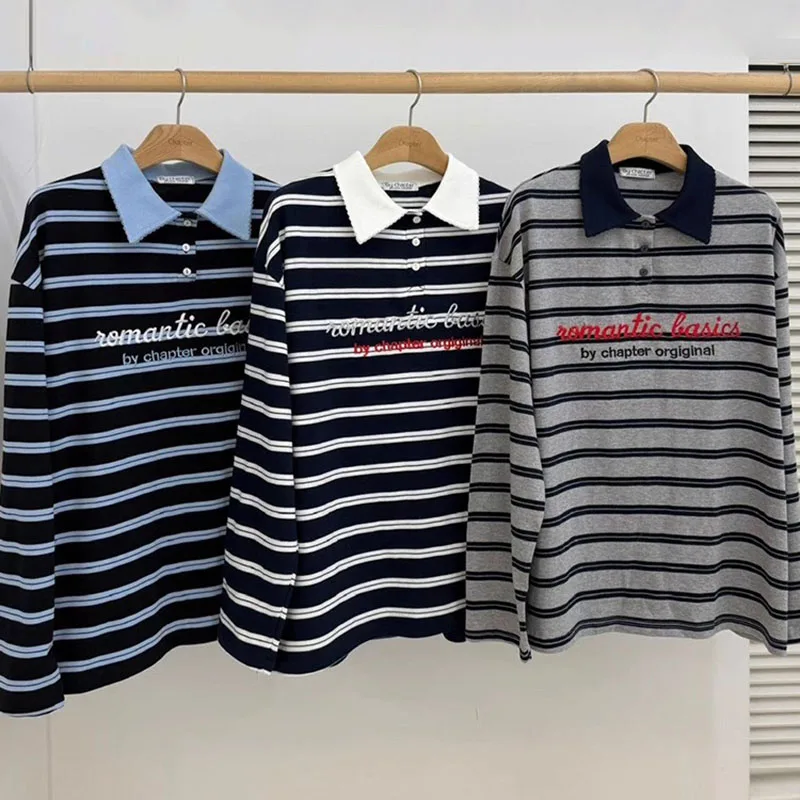 Women's Fall/Winter New Retro Polo Neck Embroidered Letter Print T-Shirt  2000S Casual Loose Long Sleeve Striped Y2K Sweatshirt