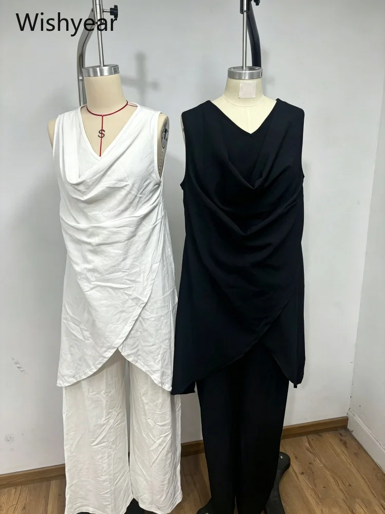 Women 2 Piece Pants Set Sleeveless Draped Wrap Top High Waist Wide Leg Pants Summer Vacation Club Outfit Streetwear Matching Set