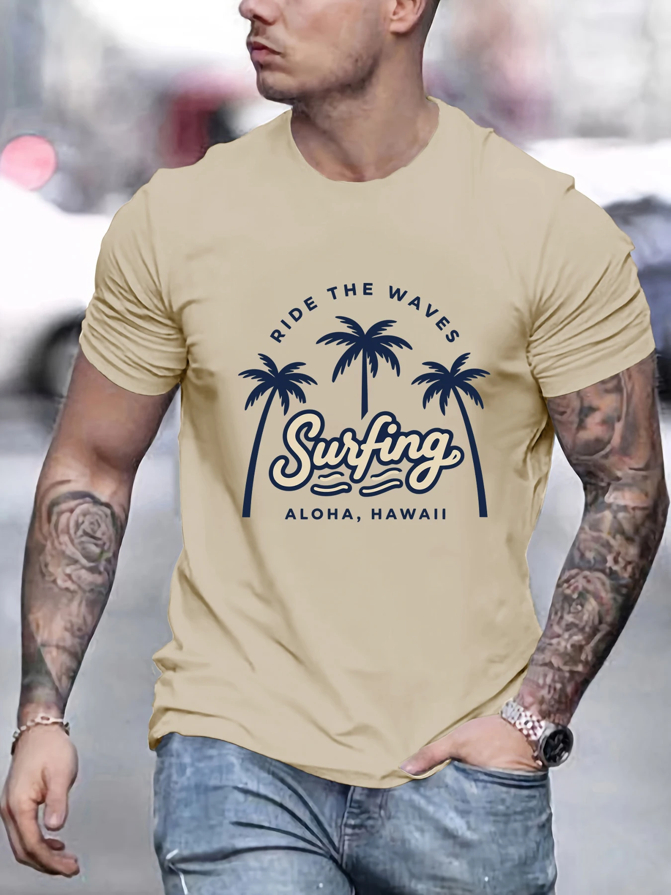 

Surfing Ride The Waves Hawaii Print Mens Tee Shirt Soft Breathable T Shirts All-Match Cotton Sportswear Loose Fashion Top