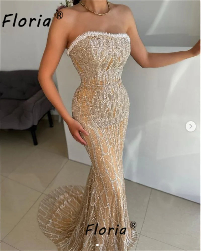 

Champagne Strapless Sequined Cocktail Dresses Turkish Coutures Beaded Mermaid Prom Dress Long Evening Woman Party Gowns 2023