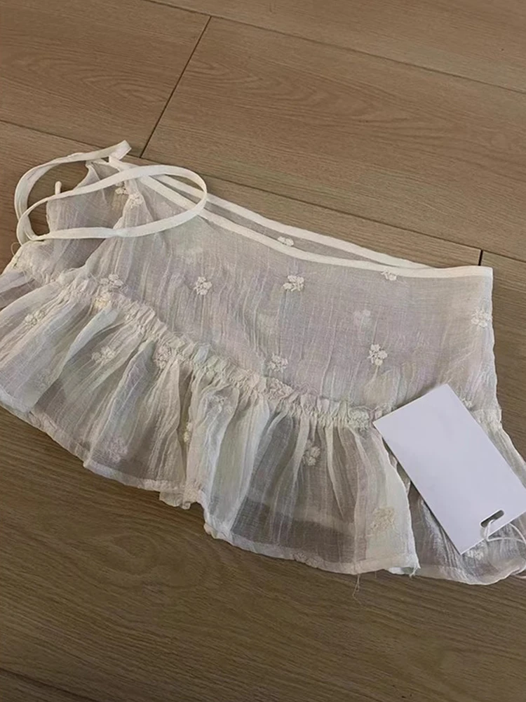 Women's Lace Apron Skirt One-Piece Embroidered Trim Waist Seal Layered Short Skirt Korean Style Commute Pure Color