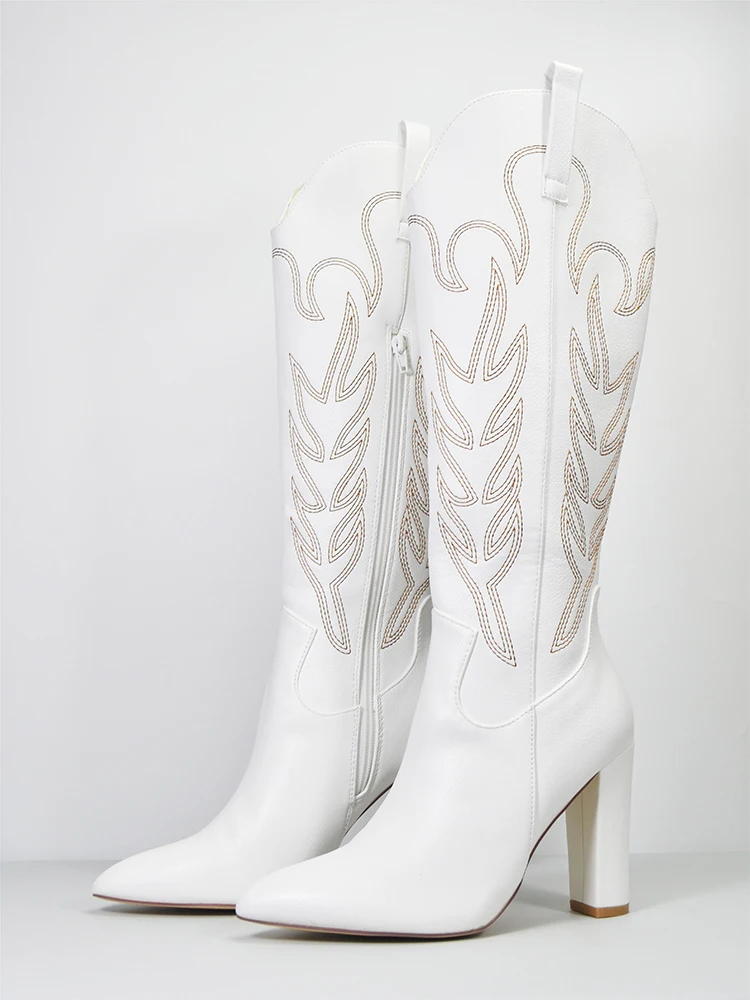 2024 Traf New Pointed Large Embroidered High Heel Cowboy Cowgirl Women\'s Boots High Sleeve White Long Boots Wedding Western boot