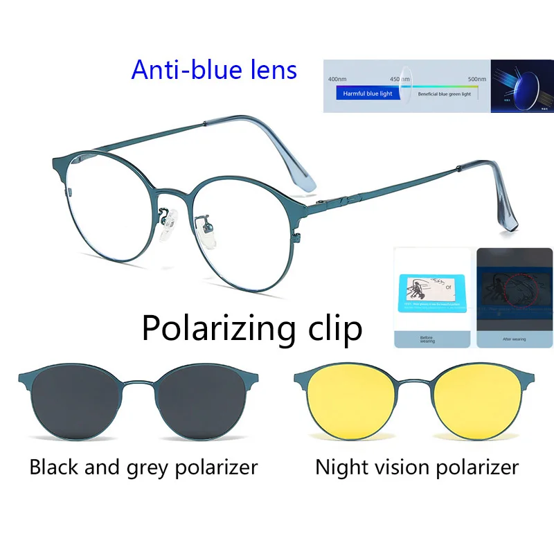 

Round Metal Frame Polarized Magnetic Clips Sunglasses On Glasses Optical Prescription Magnet Eyeglasses Blue Light Blocking