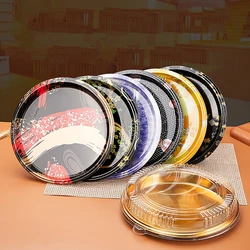 Caixa de Embalagem Sashimi Sushi, Salva De Plástico Descartável com Tampa Transparente, Recipiente de Bento Impresso Redondo, 25Pcs