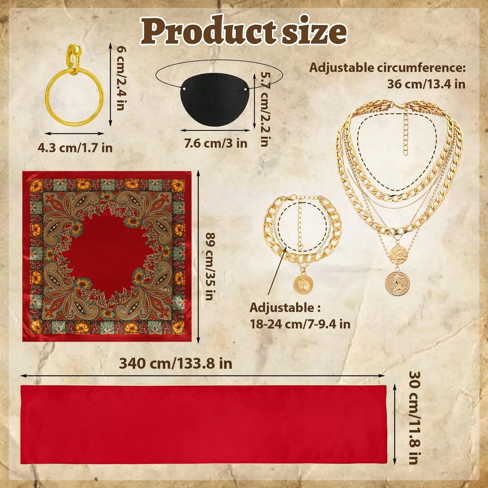 อุปกรณ์เสริมชุดโจรสลัดสำหรับผู้ใหญ่ ผ้าโพกหัวโจรสลัดสีแดงสำหรับผู้หญิง ผ้าพันคอ สายคาดเอว เครื่องประดับ สร้อยคอ ต่างหู ผ้าปิดตา สำหรับคอสเพลย์ฮาโลวีน