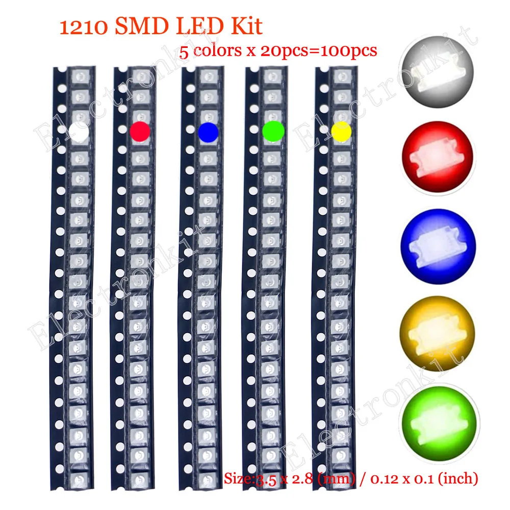 Smd ledダイオードセット,100個,0402個,0603個,0805 1206 1210 5730,赤/緑/青/白/黄色,5色,各20個