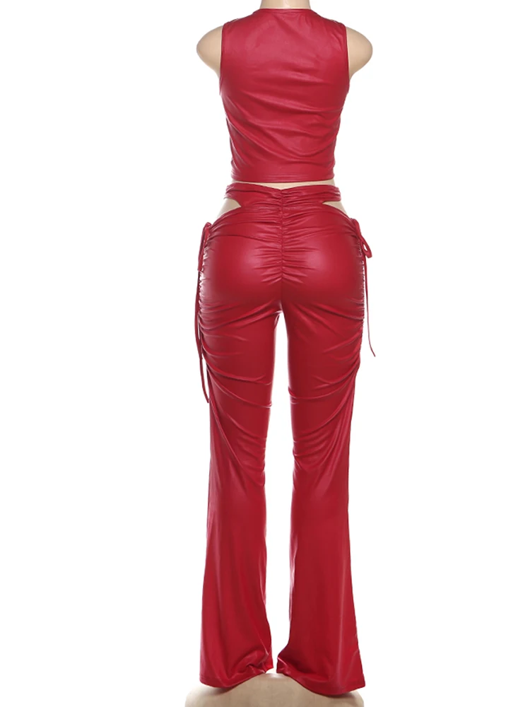 Cutenew Hollow PU Sexy Shirring Donna Lusso 2 pezzi Set Canotte a vita bassa + Pantaloni a vita alta Street Matching Clubwear Outfit