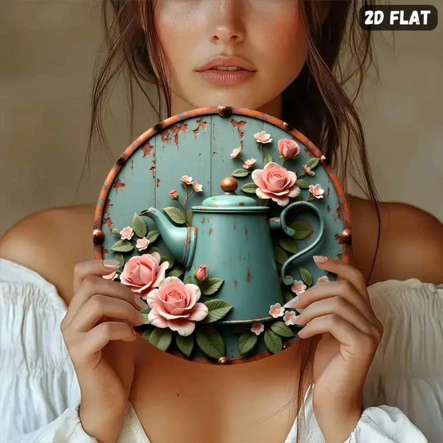 2D Vintage Metal Sign, Retro Green Watering Can Rose Wall Decor, Rustic Aluminum Round Plaque for Garden Kitchen Office Holiday