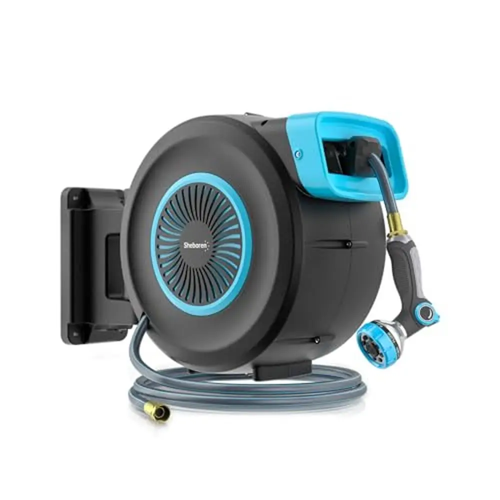 Retractable Wall Mount Garden Hose Reel 5ft Lock Hose 180°Swivel UV Resistant 8-pattern Nozzle 20,000 Cycles