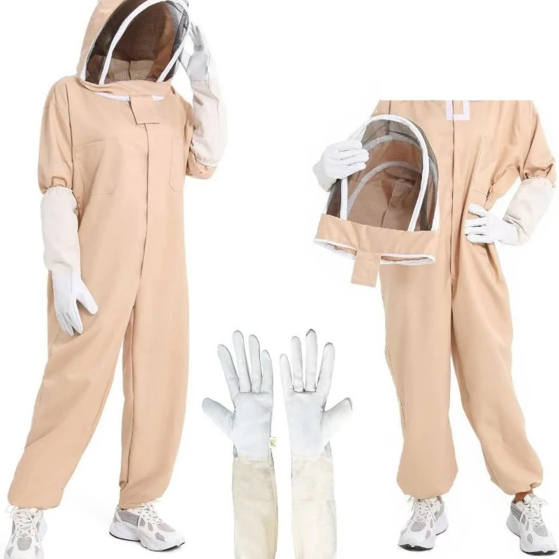 Full Body Beekeeping Protective Suit Khaki Beekeeper Outfit with Detachable Veil Hood Gloves Anti‑bee‑sting Apiculture Clothing