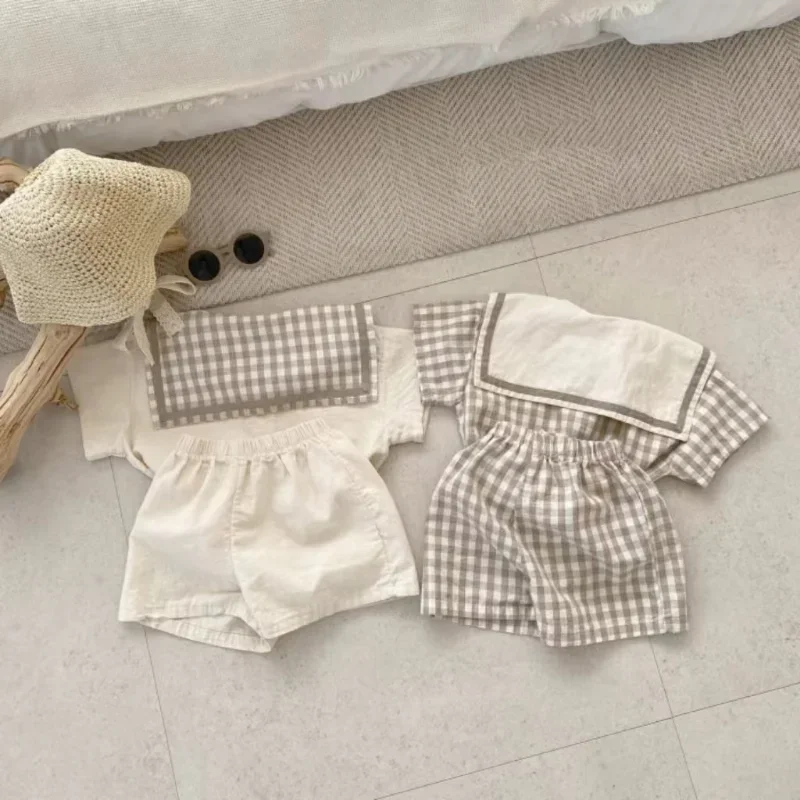 2024 Summer New Baby Navy Collar Plaid Clothes Set Children Short Sleeve Tops + Shorts 2pcs Suit For Boys Girls Infant Outfits