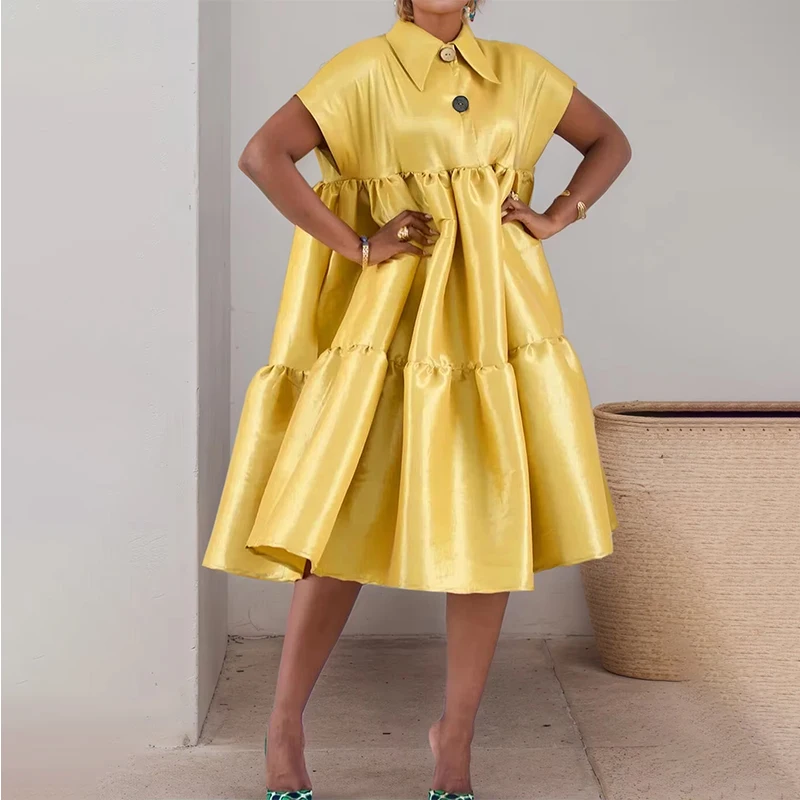 

Plus Size Dress for Women Satin Turn Down Collar Casual Elegant Streetwear A-line Dresses Summer Short Sleeve Midi Dresses 2025