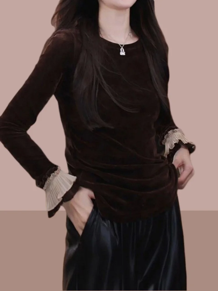 Coreano Sle Lace Bell Sve Patchwork Bla Velvet mujer irt Faionable otoño capa Base Top Commute Friendly