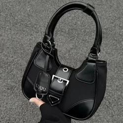 Women's Fashion Shoulder Bags Multifinonal Korean Style Hottie Black PU Leather Handheld Bags Advanced Sense Retro Axillary Bags