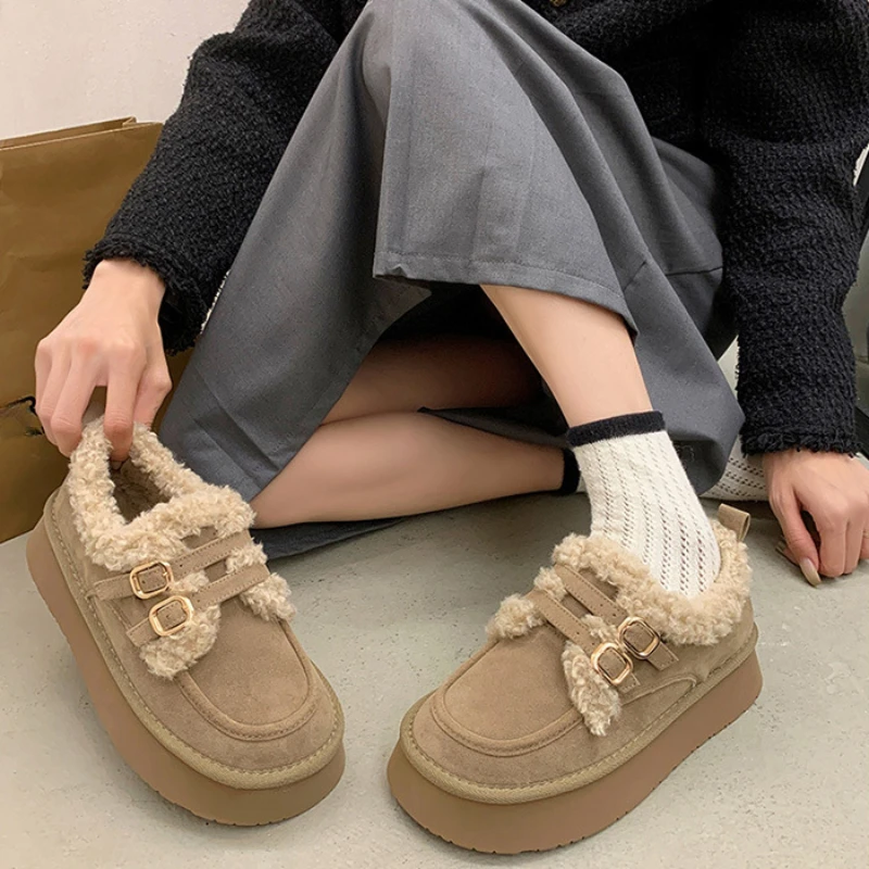 Fur Snow Ankle Boots Women Winter Platform Flats Shoes 2024 Fashion Warm Short Plush Shoes Walking Suede Cotton Femme Booties