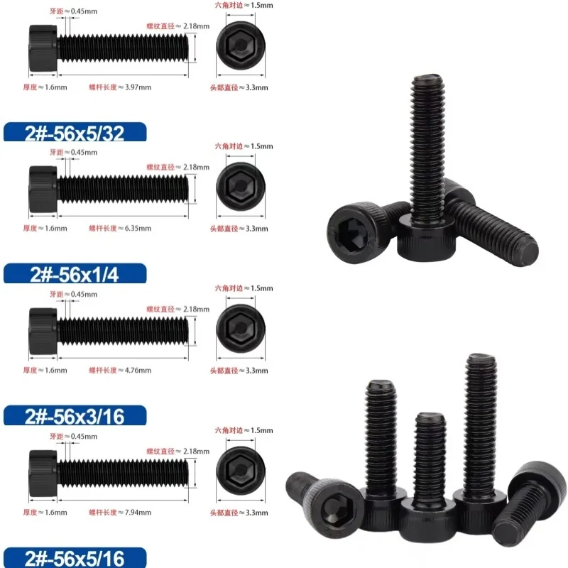 50 Pcs 2#-56 4#-40 6#-32 12.9 Grade Black Carbon Steel American-Style Knurled Cup Head Hex Socket Screw High Strength Durable
