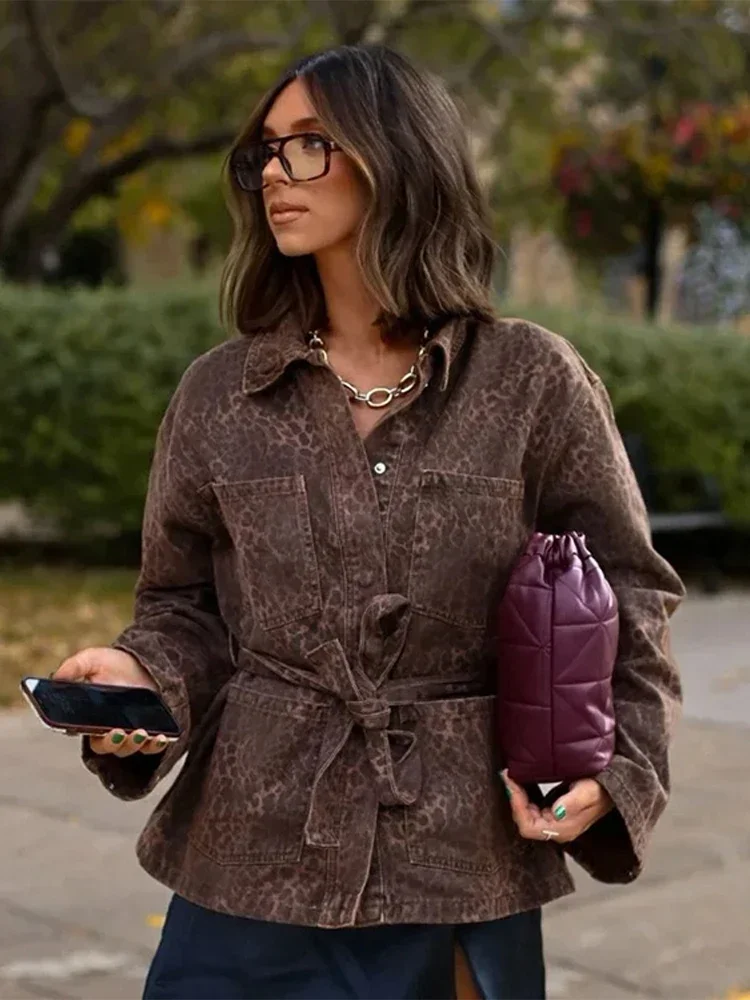 Woman Leopard Print Lapel Lace Up Jacket Casual Long Sleeve Pocket Coats 2024 New Autumn Lady High Street Office Outerwear