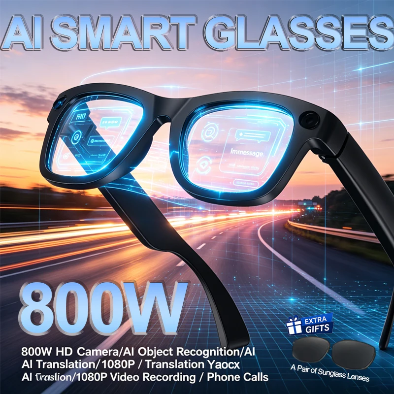 AI Smart Glasses 800W Camera Anti-shake 1080P Al Object Recognition Photo Translation Audio Recording Video Call Smart Glasses