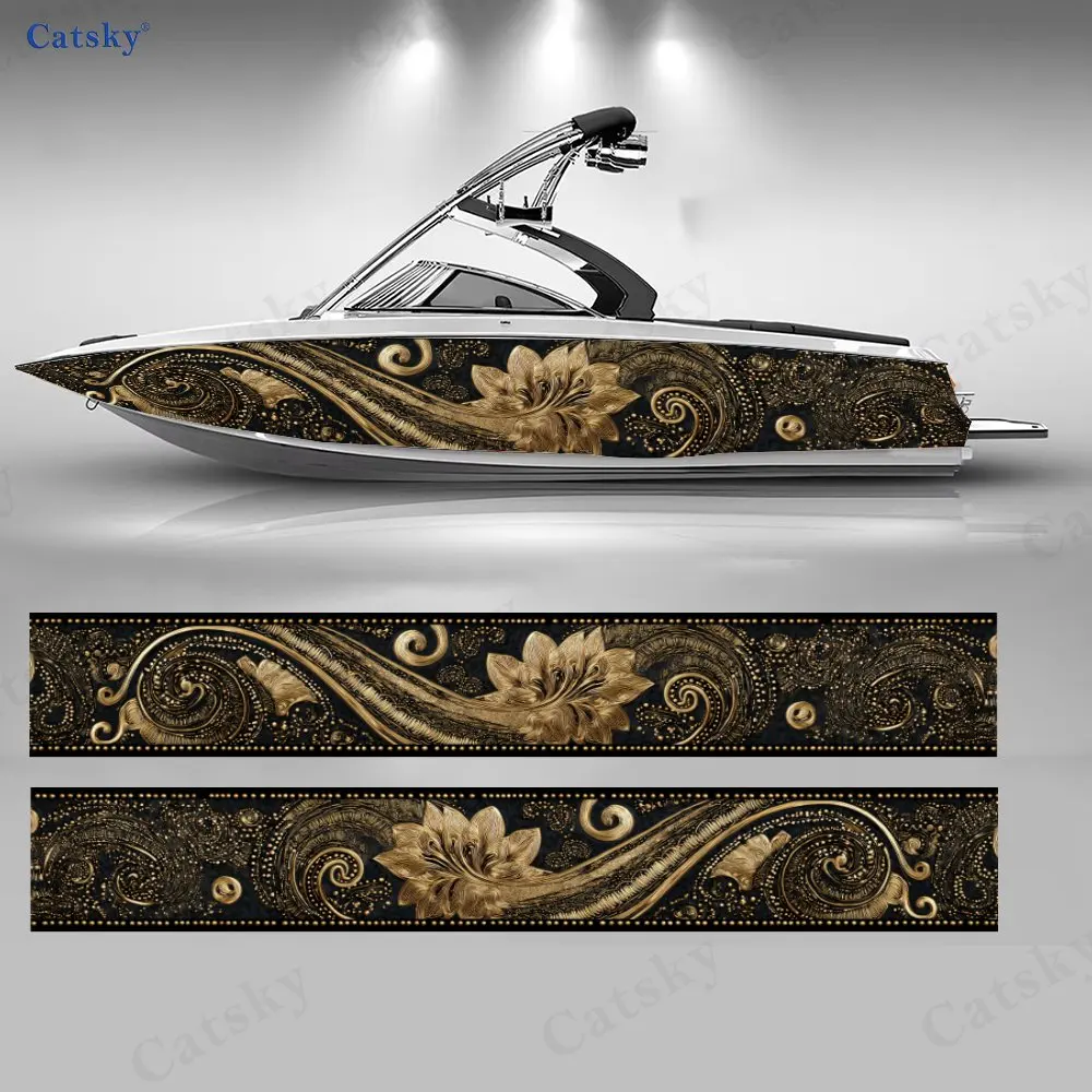 2Pcs Vintage Gold Scrollwork Boat Stickers, PVC Waterproof Vinyl Wrap Decals for Fishing Boats, Durable and Stylish Design