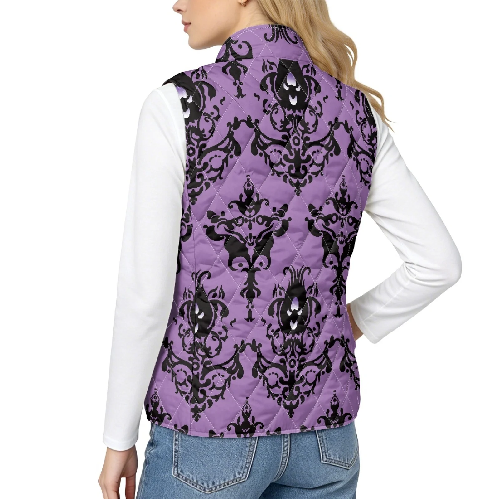 PENSTROLL Purple Damask Pattern Vest Jackets for Women Sports Quilted Gilet Lightweight Women's Quilted Vest for Winter Fall