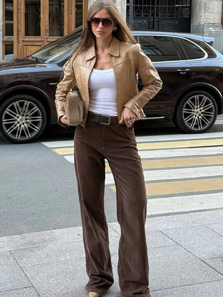 Abrigo de cuero para mujer, moda de otoño, nuevo cárdigan elegante con solapa, abrigos de manga larga para ir al trabajo diario, prendas de vestir exteriores cortas para mujer de calle alta