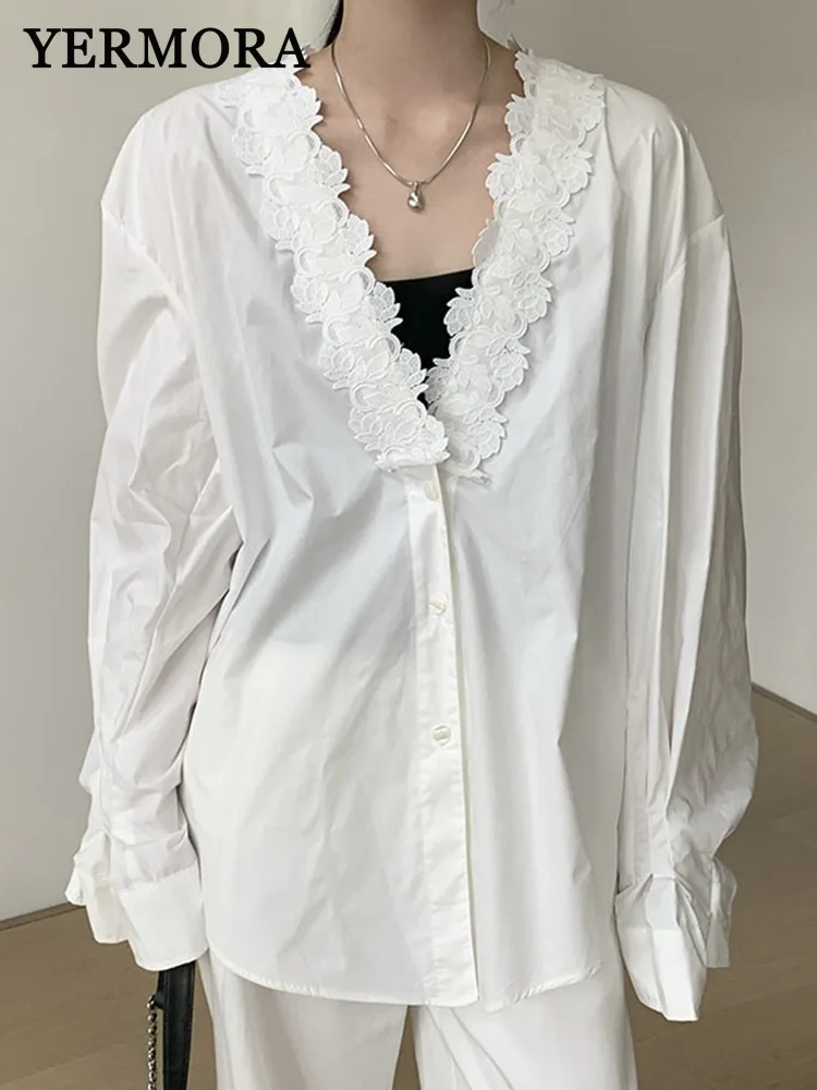 

YERMORA White Spliced Flowers Big Size Casual Blouse For Women V-neck Long Sleeve Loose New Shirt Fsahion Spring Autumn 2025