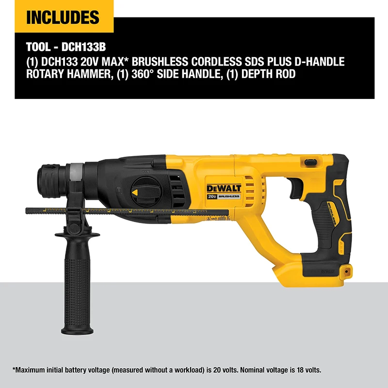 DEWALT Tools DCH133 Rotary Hammer 20V MAX Variable Speed Brushless Drill D-Handle Multifunctional Industrial Rechargeable Drill