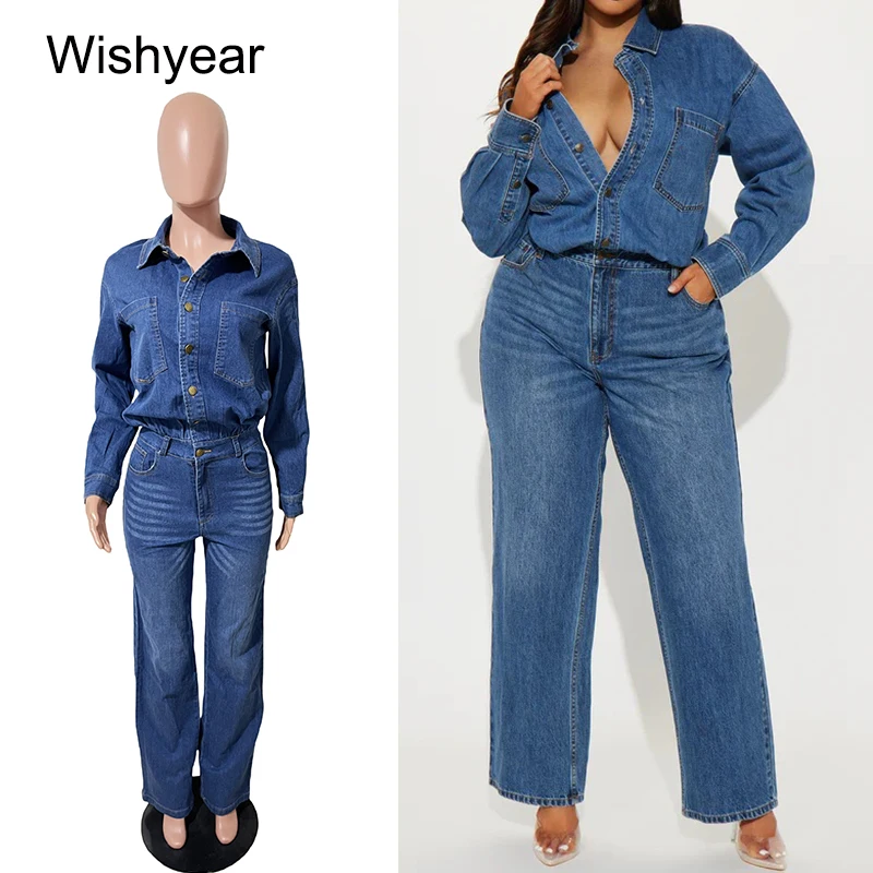 

Vintage Blue Stretch Denim Jumpsuit Women Fall Winter Full Sleeve Single-breasted Pocket One Pieces Romper Street Jeans Overalls