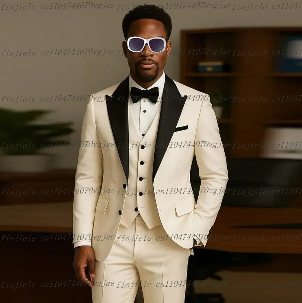 

Белый мужской костюм с черным воротником, официальная свадебная вечеринка, жених, жених, деловые мужские смокинги, комплект из трех предметов, куртка, жилет, брюки