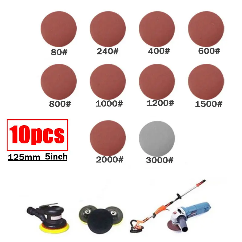 10 pces 5 Polegada 125mm lixa disco de lixamento para metal roda carro de madeira auto restauração lixamento polimento kit p800 p1200 p2000 p3000