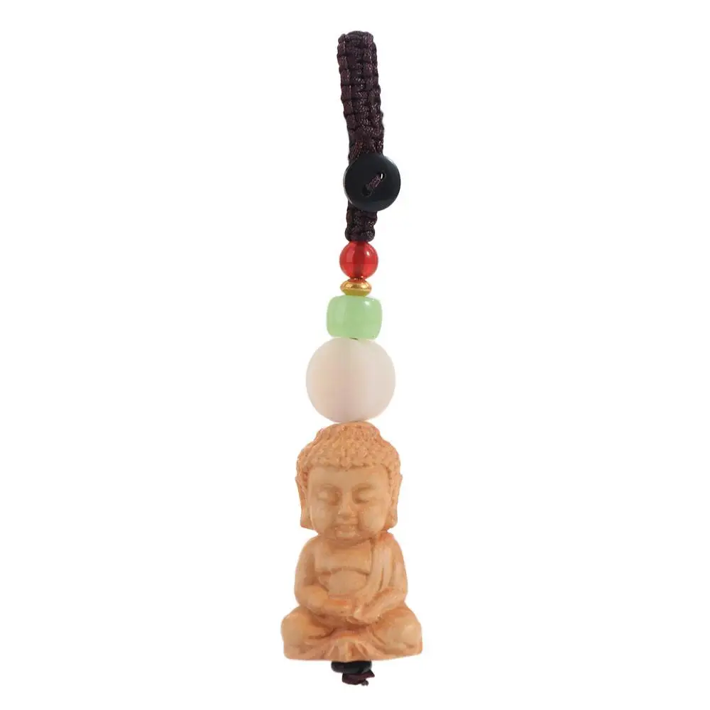 Boxwood Buddhist Keychain Wooden Key Holder Tathagata Buddha Lanyard Handcarved Monk Buddhist Keyring Carving Pendant