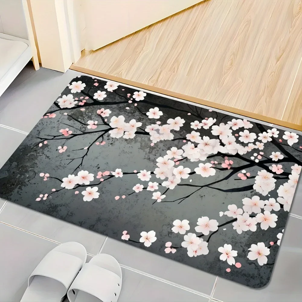 Cherry Blossom Floral Bath Mat, Super Absorbent Non-Slip Quick Dry Floor Rug, Decorative Carpet for Bathroom Kitchen Garden