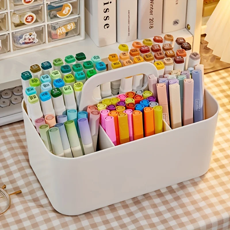 Plastic Storage Basket with Handle,Portable Stationery Box,Desk Organizer with 5 Compartments,Must-have for Back To School