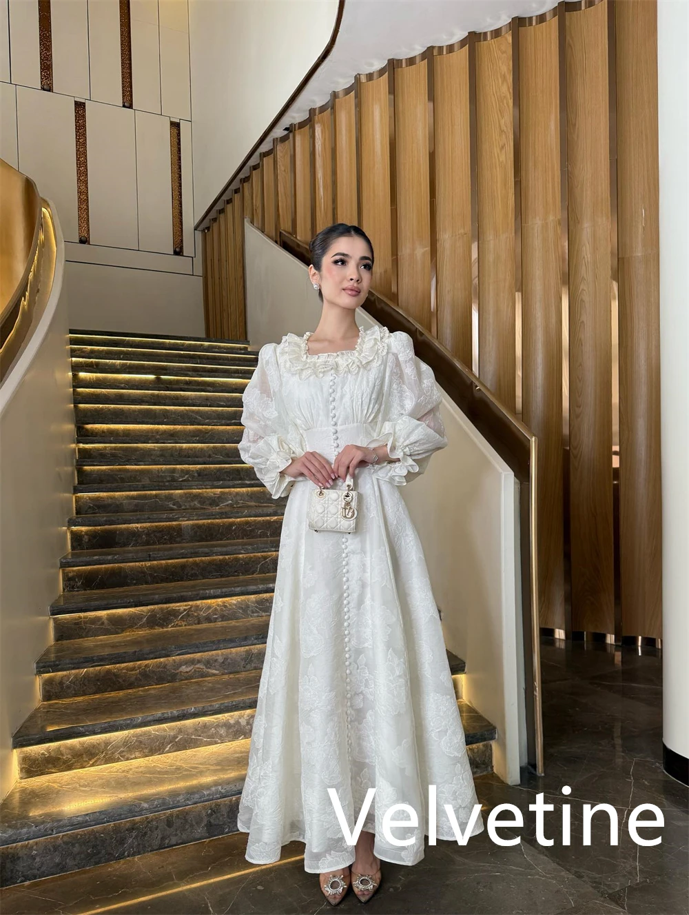 

Customized Square Collar Puff Sleeves Evening Dress A-Line Ankle Length Long Sleeves Cocktail Dress Appliques Buttons Prom Dress
