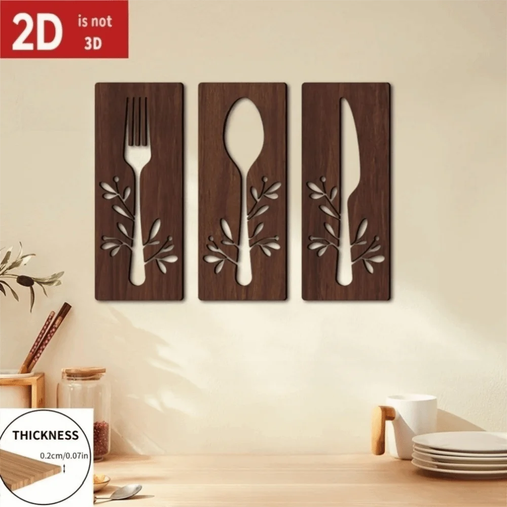 3pcs Fork Kitchen Utensil Wooden Ornament Spoon Decorative Wall Sticker Hangings Hollow Out Rustic Style