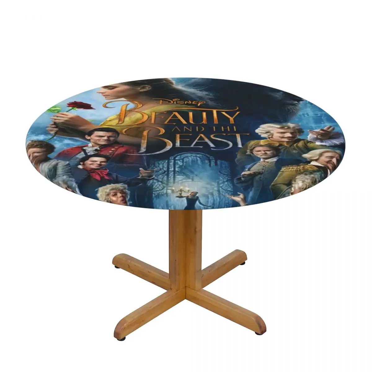 Disney Beauty And The Beast Tablecloth Round Elastic Waterproof Fantasy Song And Dance Movies Table Cloth Cover for Dining Room