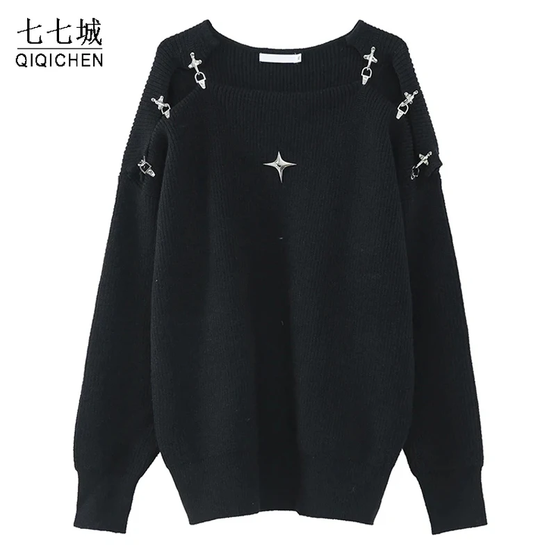 

High Street Sweater Men Y2K Metal Buckle Hollow Out Solid Color Knitted Pullover Fashion Korean Loose Jumpers Unisex Tops Black