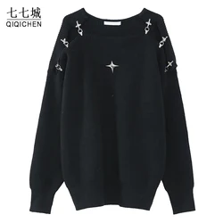 High Street Sweater Men Y2K Metal Buckle Hollow Out Solid Color Knitted Pullover Fashion Korean Loose Jumpers Unisex Tops Black