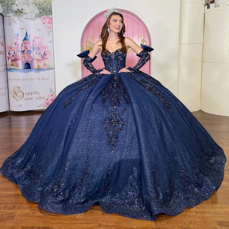 

Navy Blue Shiny Ball Gown Quinceanera Dresses Applique Lace Beading Crystal Tull Corset Off The Shoulder Sweet 16 Dress vestidos