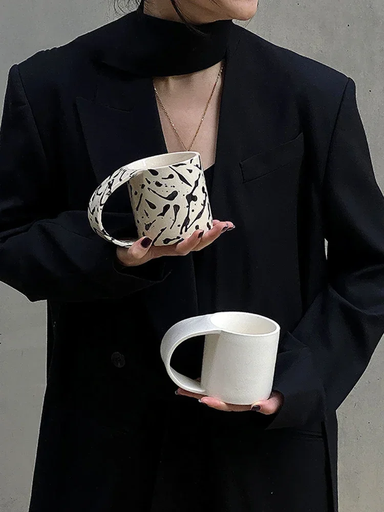 Ahunderjiaz-Vintage Splattered Ink Dot Ceramic Mug, Retro Niche Cup with Handle, Cafe and Hotel Drinkware Set, Home Decoration