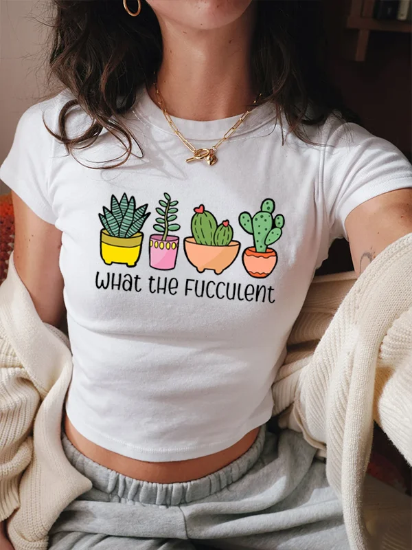 What The Fucculent Slogan Women Crops Vintage Cartoon Cute Potted Plant Print Female Shirt New Hot Sale Trend Art Casual Tee