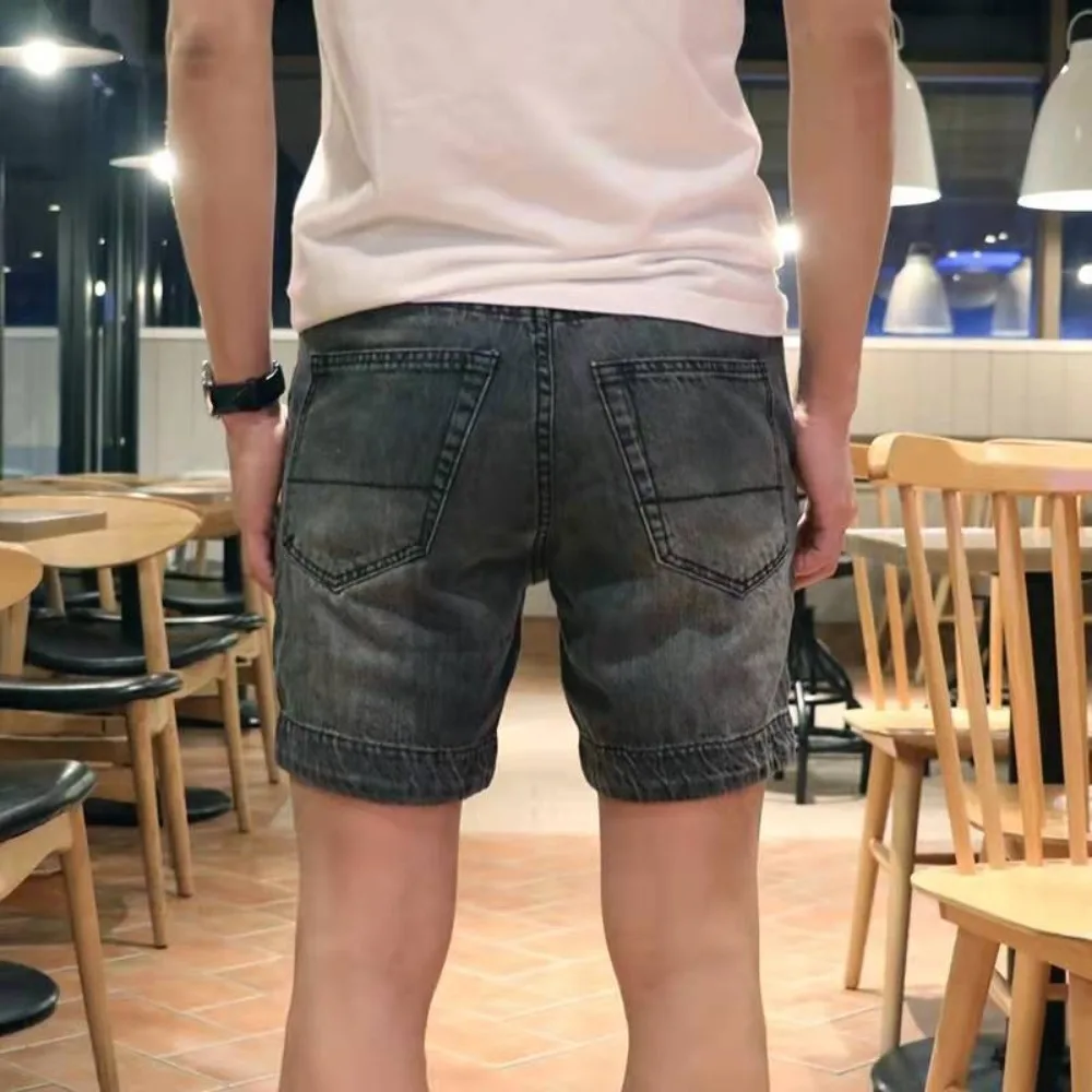 Invisible Open Crotch Outdoor Sex Summer Men's Jean Shorts Streetwear Retro Casual Straight Leg Jeans Erotic Pants Three Points