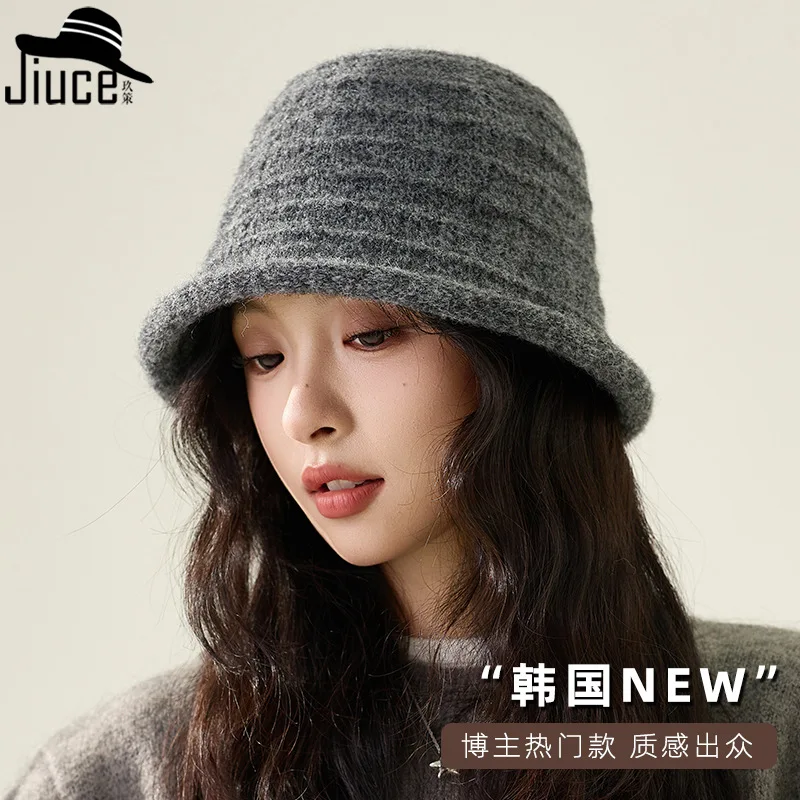 

Winter Knit Bucket Hat Women's Curled Edge Dome Hat Solid Color Warm Face Covering Fisherman's Hat Chapeu Feminino 4m698